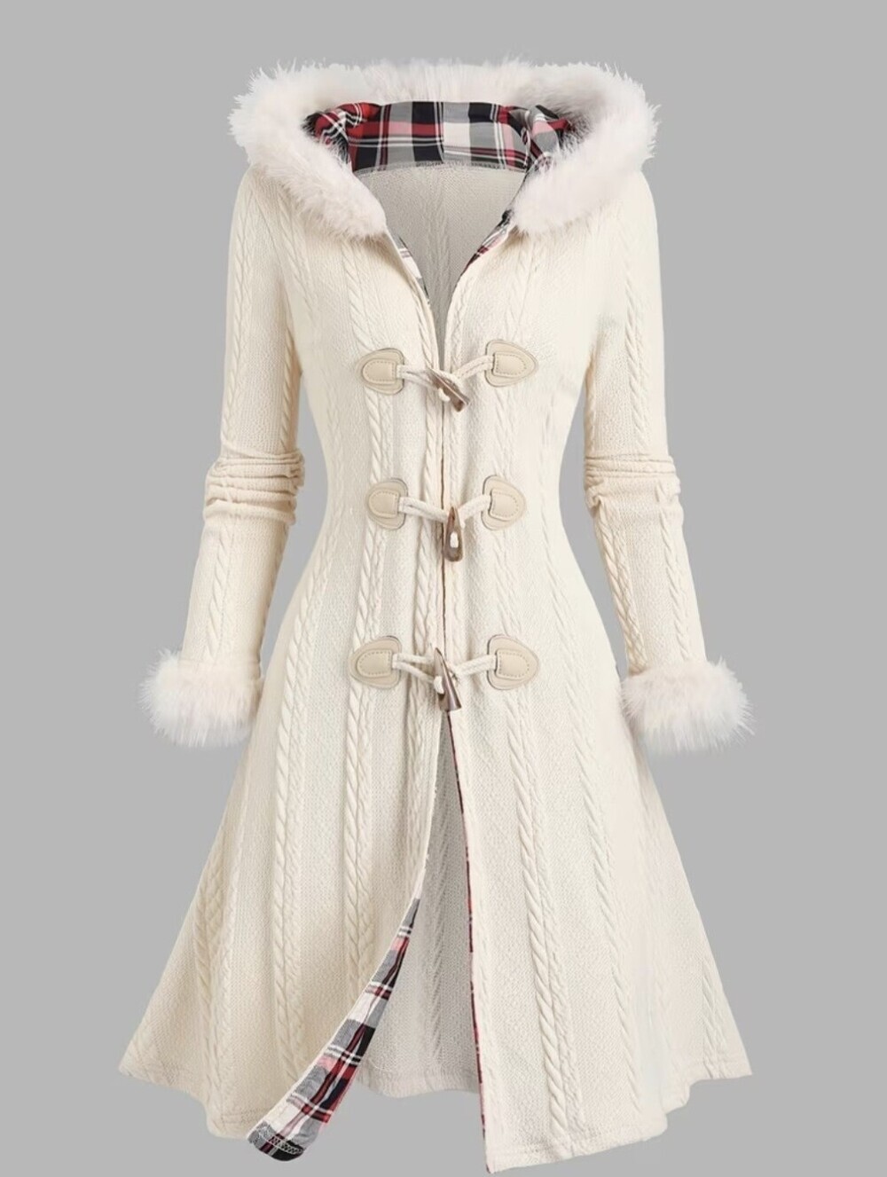 Plaid Patchwork Hooded Coat with Button Closure and Long Sleeves